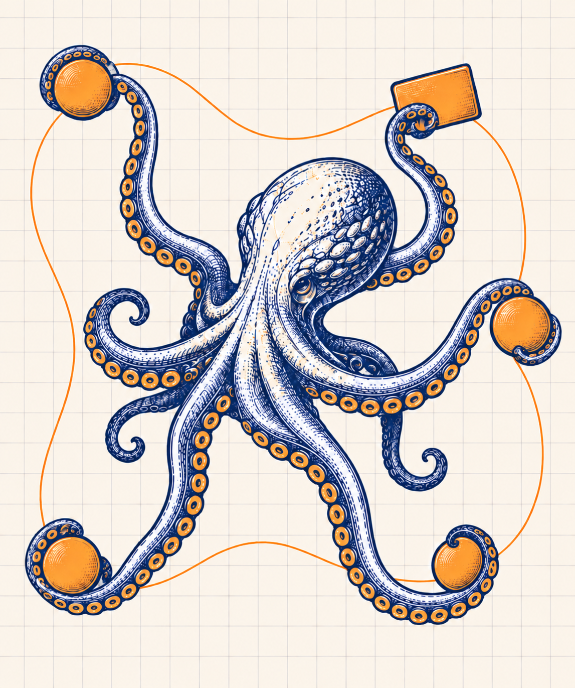 An engraved blue and orange octopus moving one task through an automated workflow
