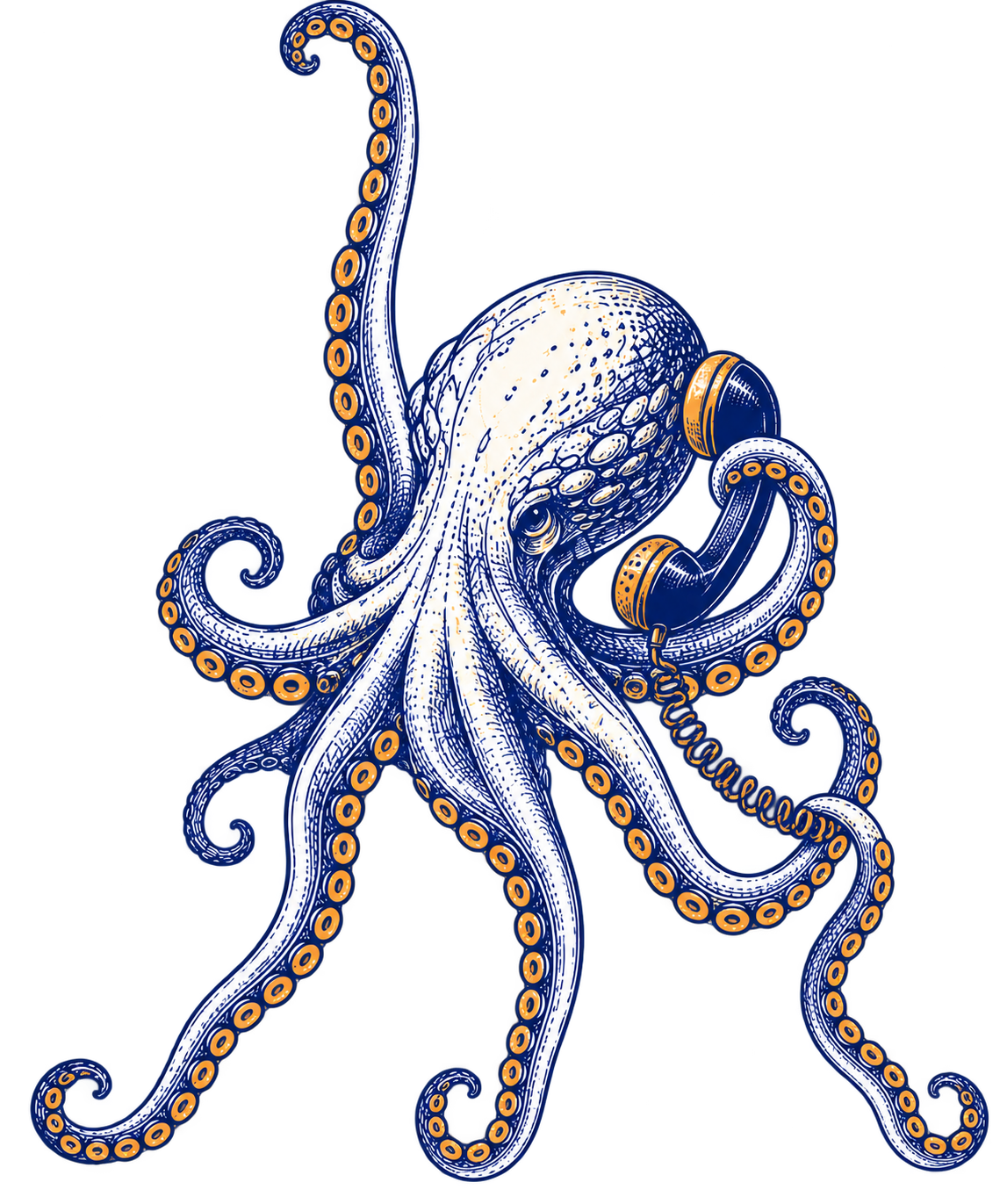 An engraved blue and orange octopus answering a telephone and connecting the incoming call to three outcomes