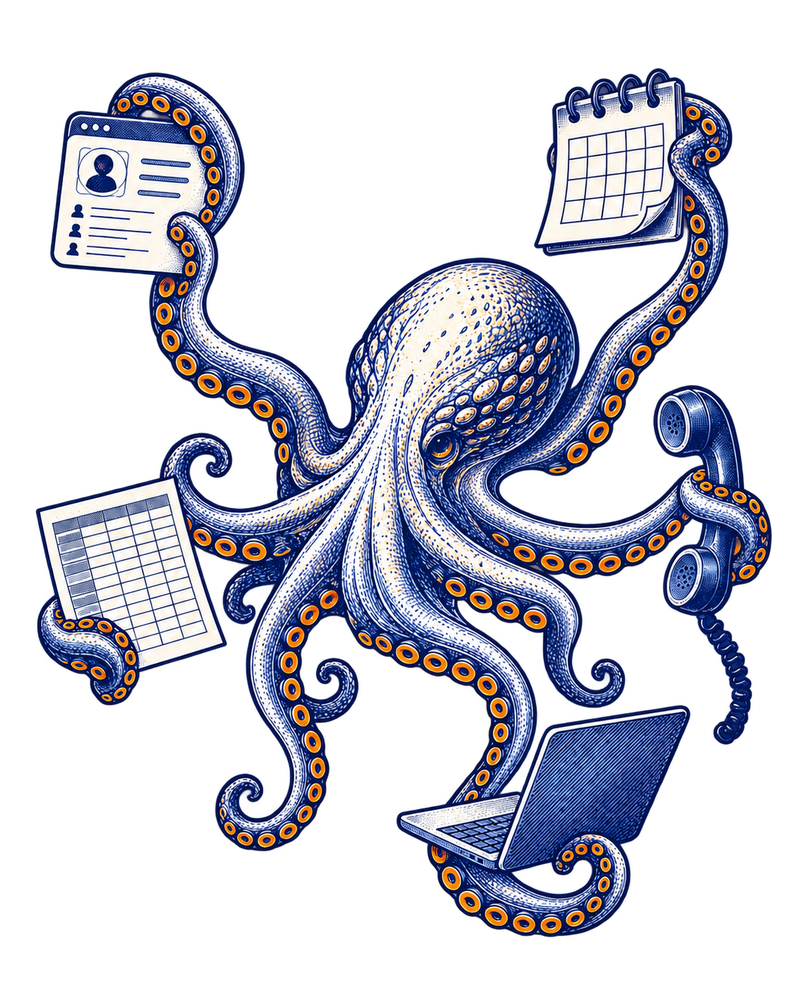 An engraved octopus holding a CRM screen, calendar, spreadsheet, telephone and laptop